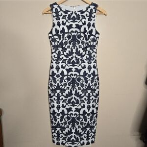 Badgley Mischka White & Navy Sleeveless Floral Print Sheath Dress